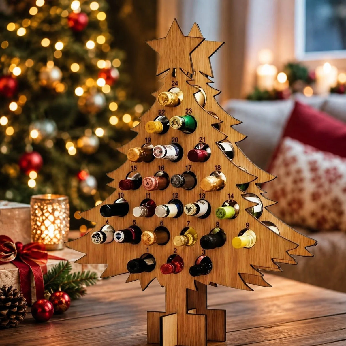 Advent Calendar Bottle Holder Wooden 24-Slot Countdown Display