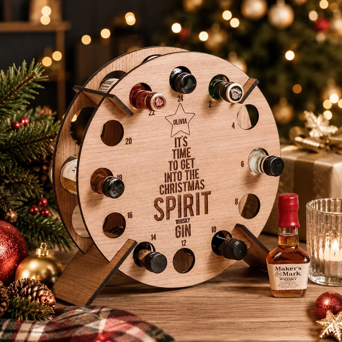 Advent Calendar Bottle Holder Wooden 24-Slot Countdown Display