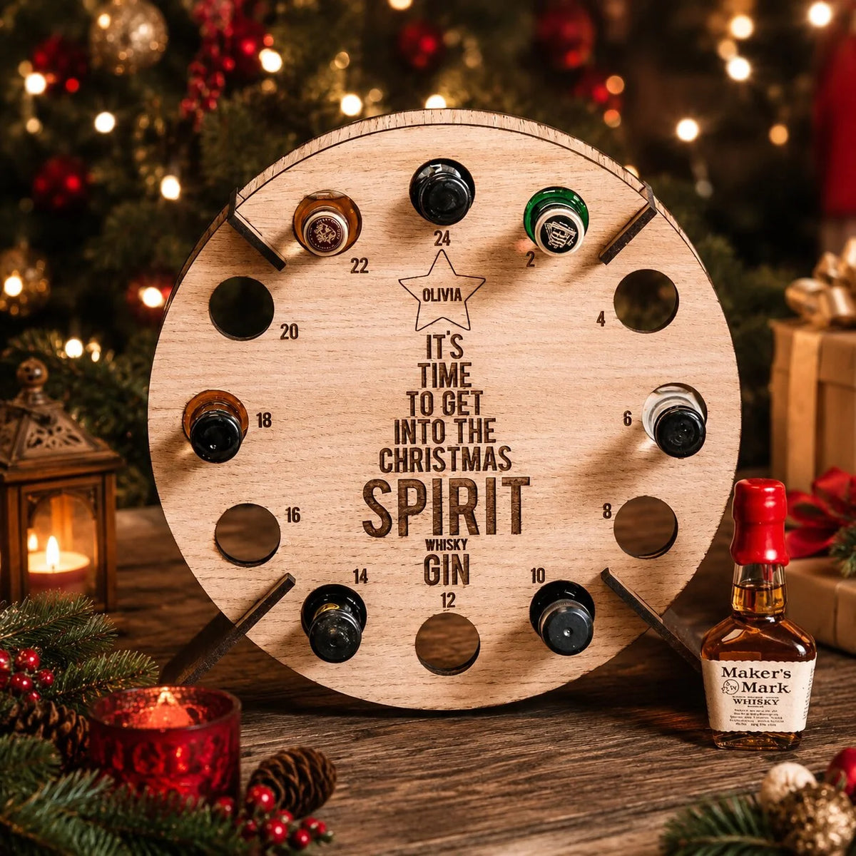 Advent Calendar Bottle Holder Wooden 24-Slot Countdown Display