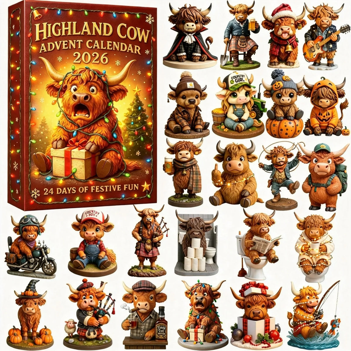 Advent Calendar Highland Cow 24 Resin Figurines