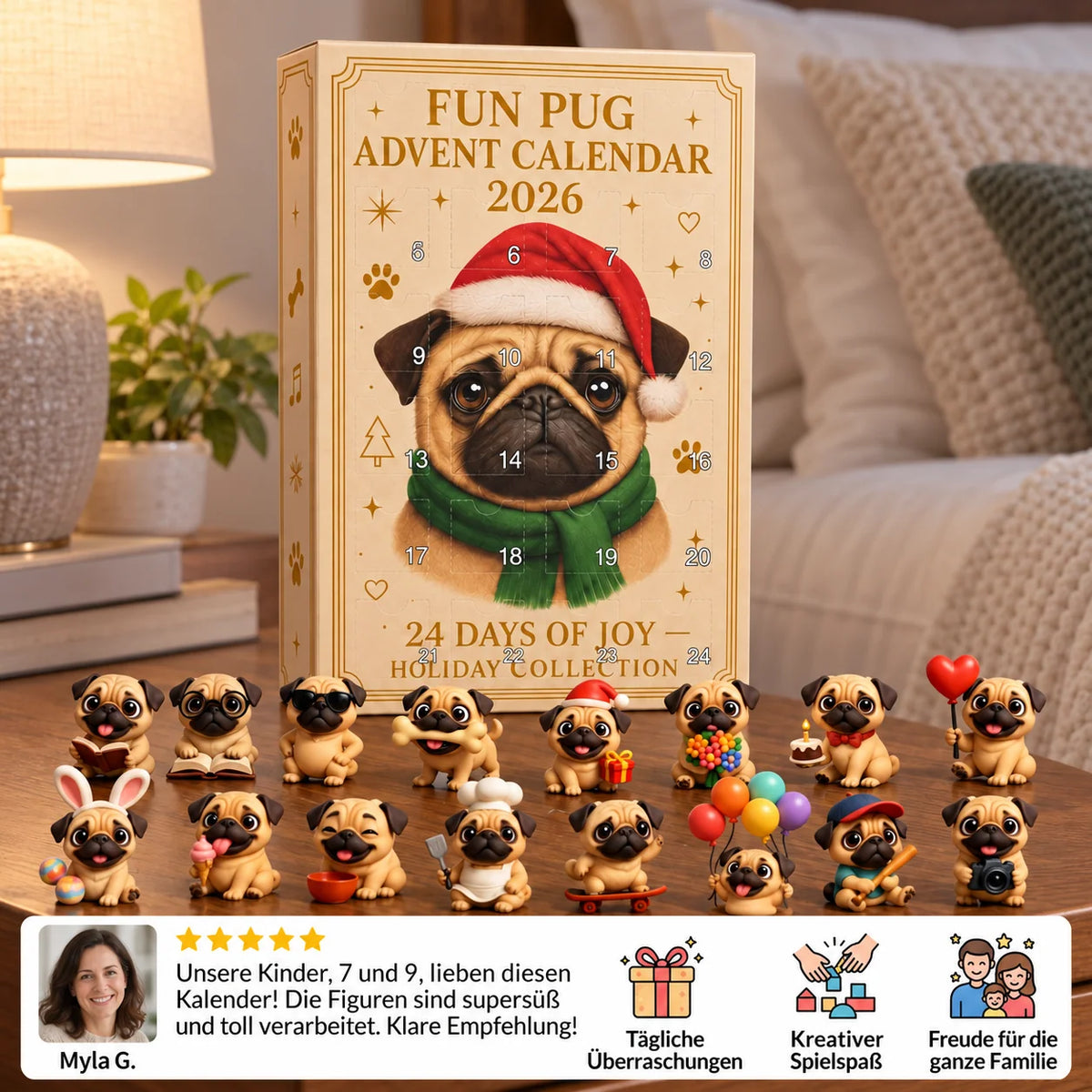 Advent Calendar Pug Figurines 24-Day Countdown
