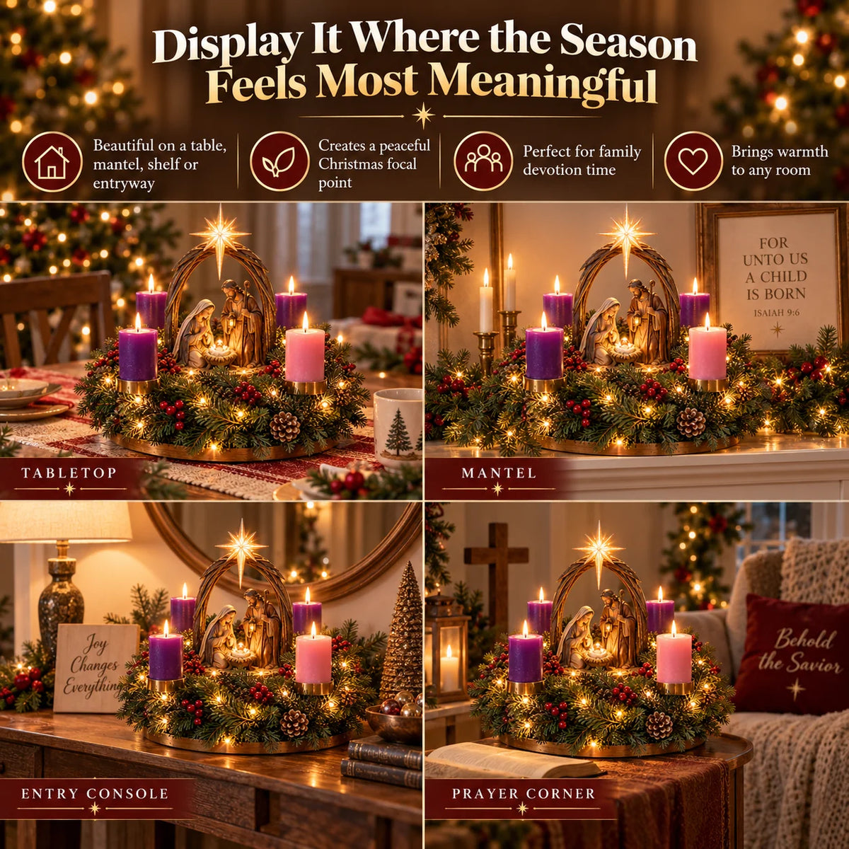 Advent Wreath Lighted Nativity Scene Four Flameless Candles
