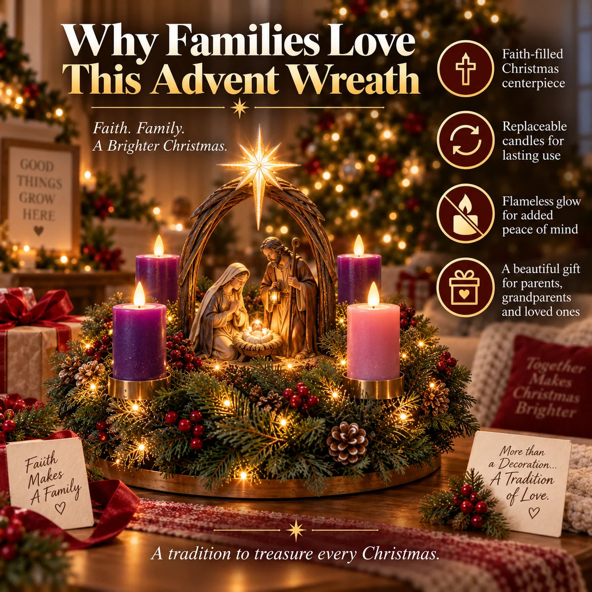 Advent Wreath Lighted Nativity Scene Four Flameless Candles