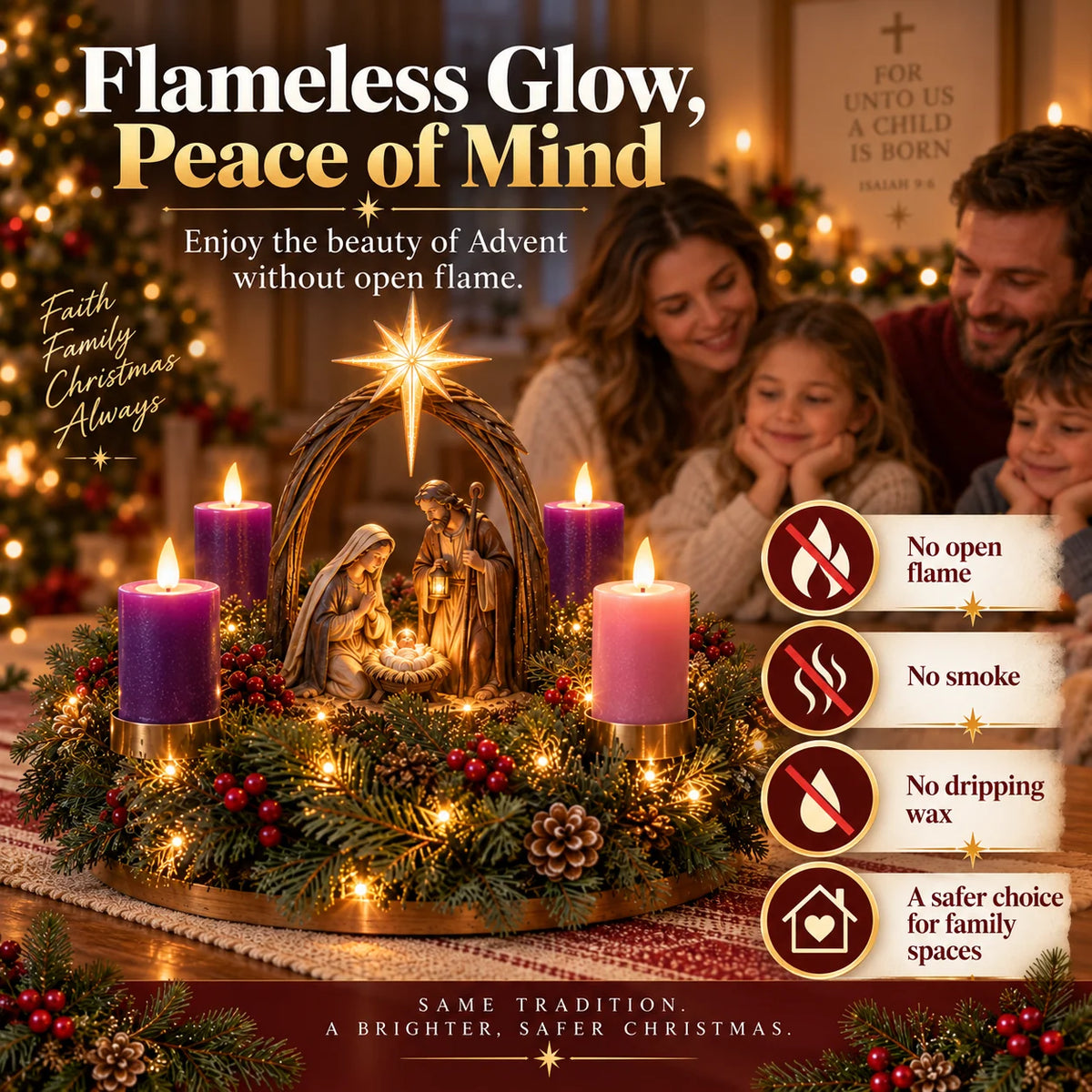 Advent Wreath Lighted Nativity Scene Four Flameless Candles