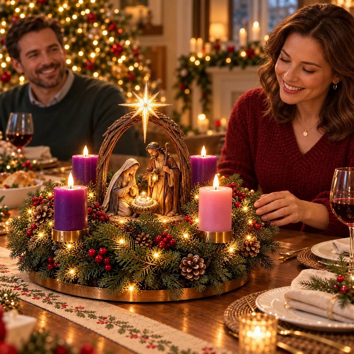 Advent Wreath Nativity Scene Four Flameless LED Candles