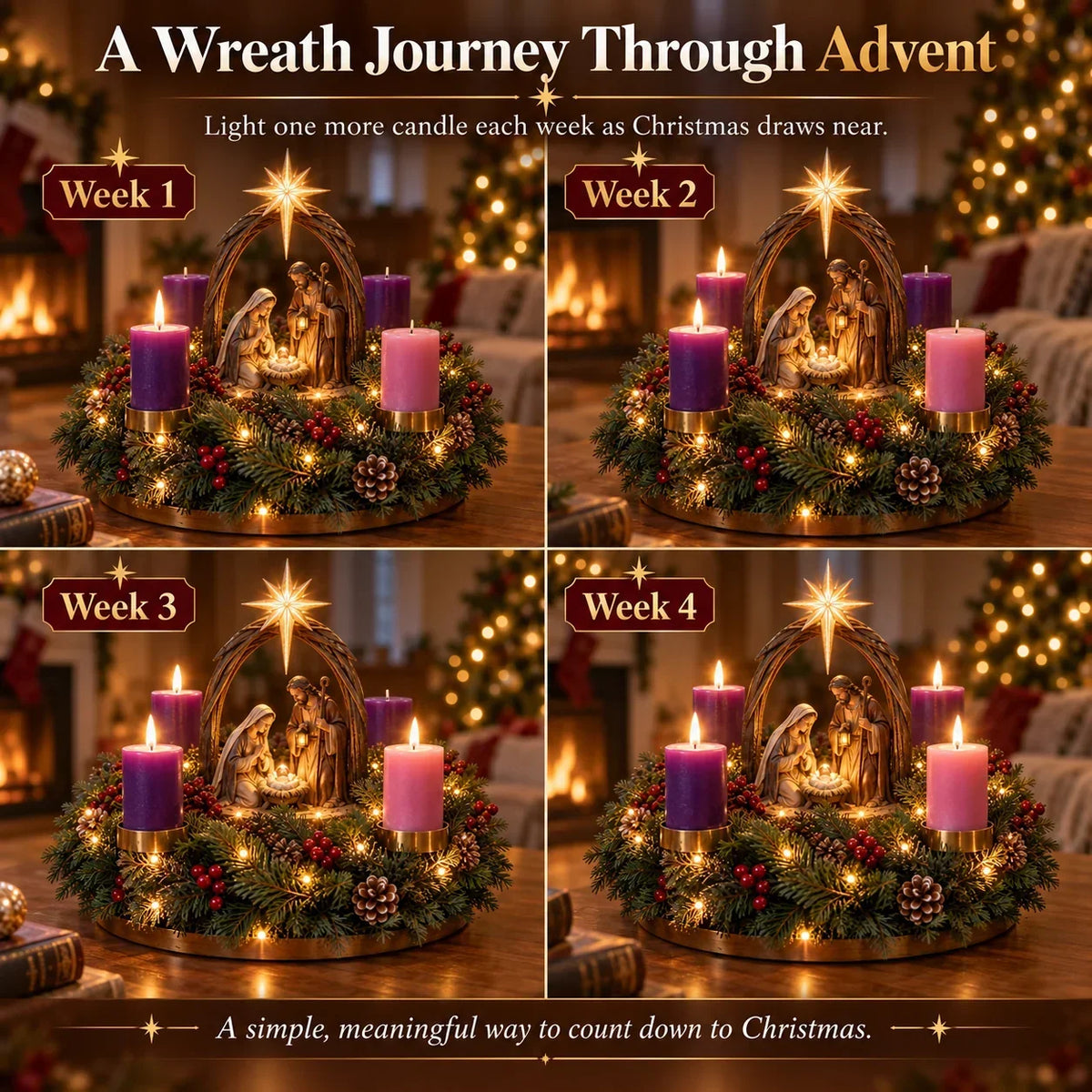 Advent Wreath Nativity Scene Four Flameless LED Candles
