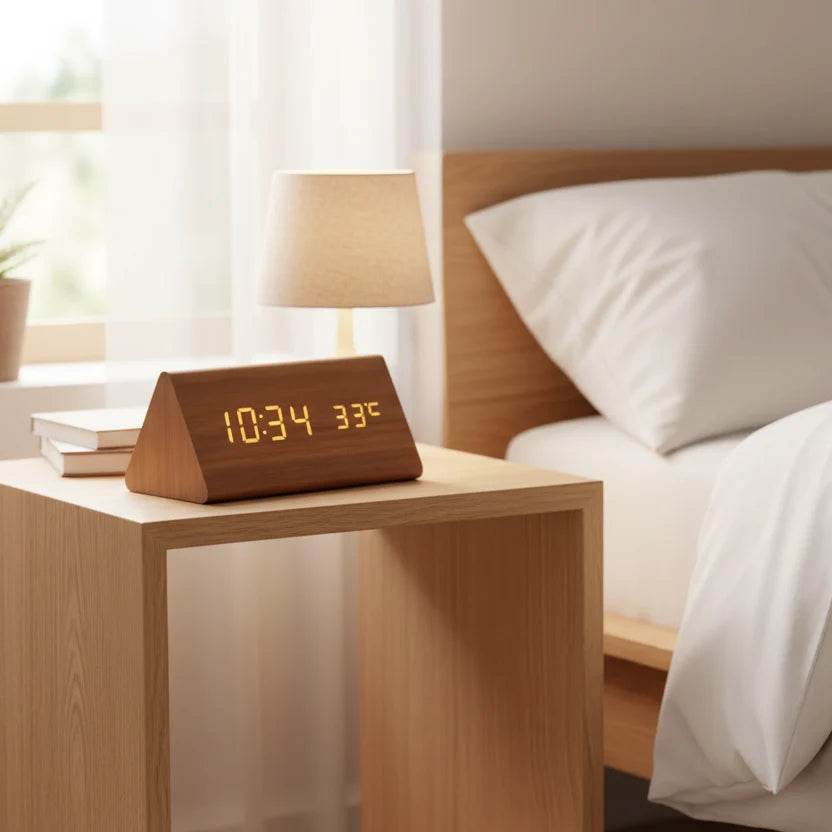 Alarm Clock Wooden Sound-Activated Adjustable LED Brightness