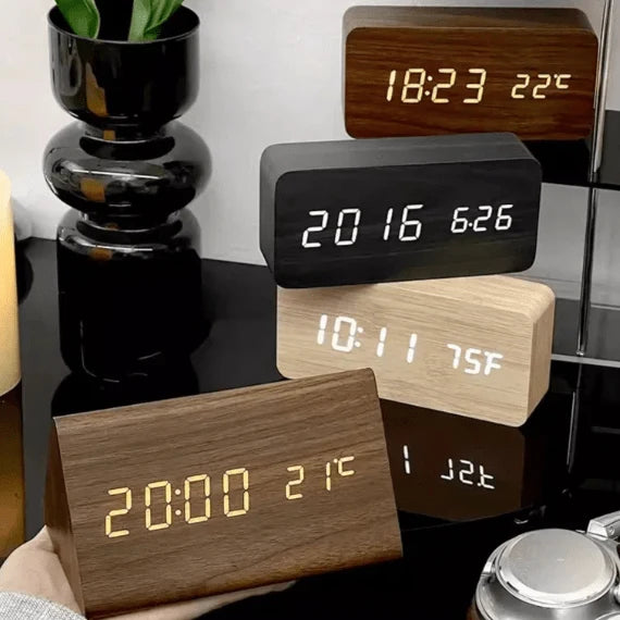 Alarm Clock Wooden Sound-Activated Adjustable LED Brightness
