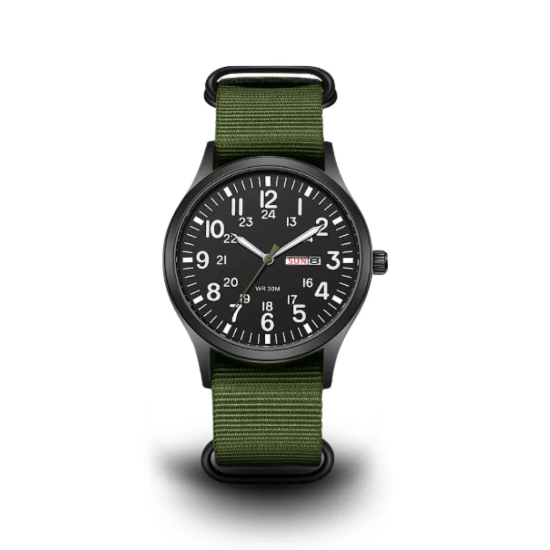 Analog Watch Large Numerals Day-Date Display Woven Fabric Strap