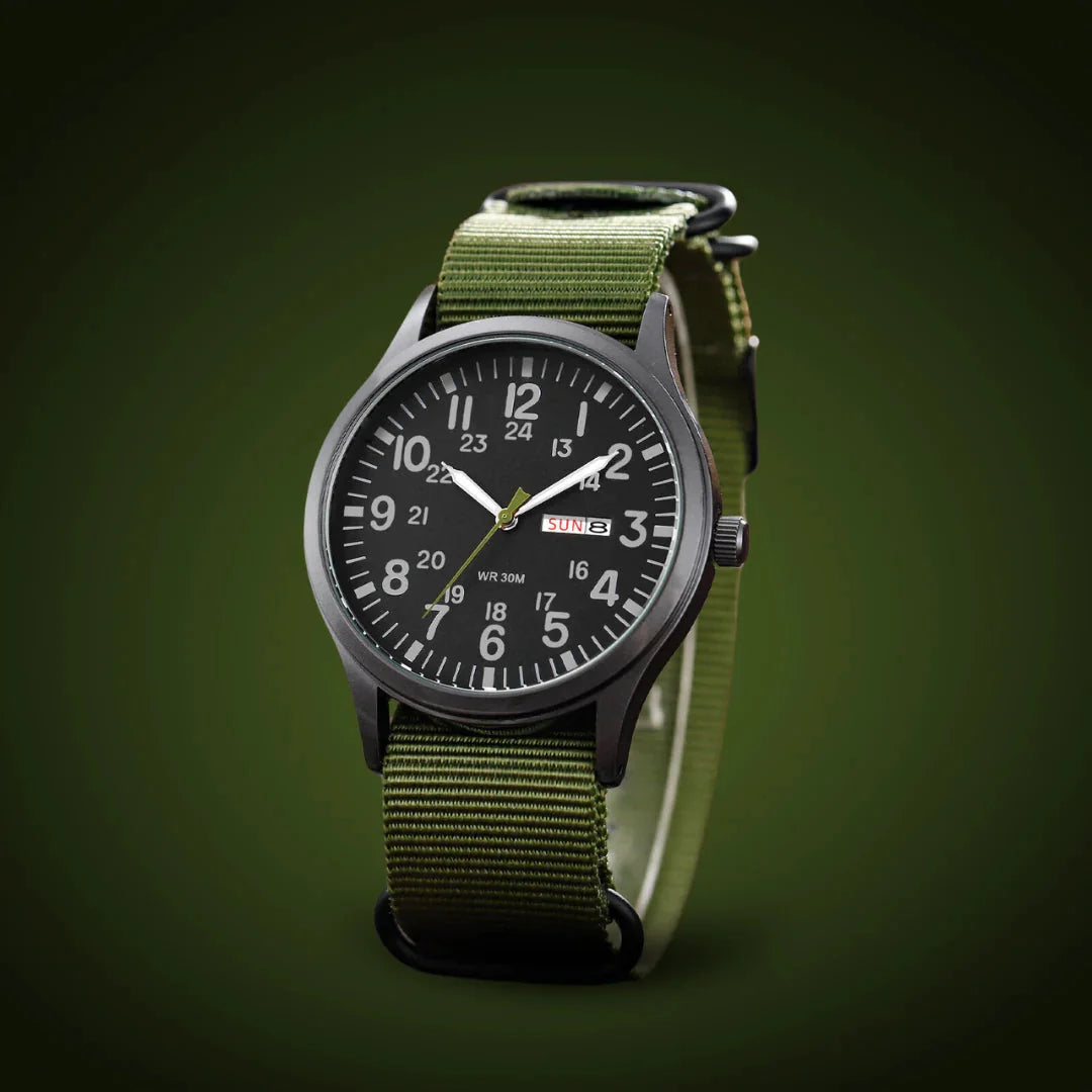 Analog Watch Large Numerals Day-Date Display Woven Fabric Strap