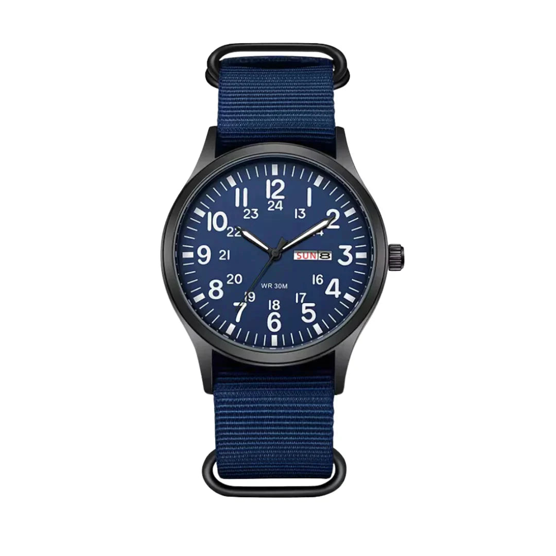 Analog Watch Large Numerals Day-Date Display Woven Fabric Strap
