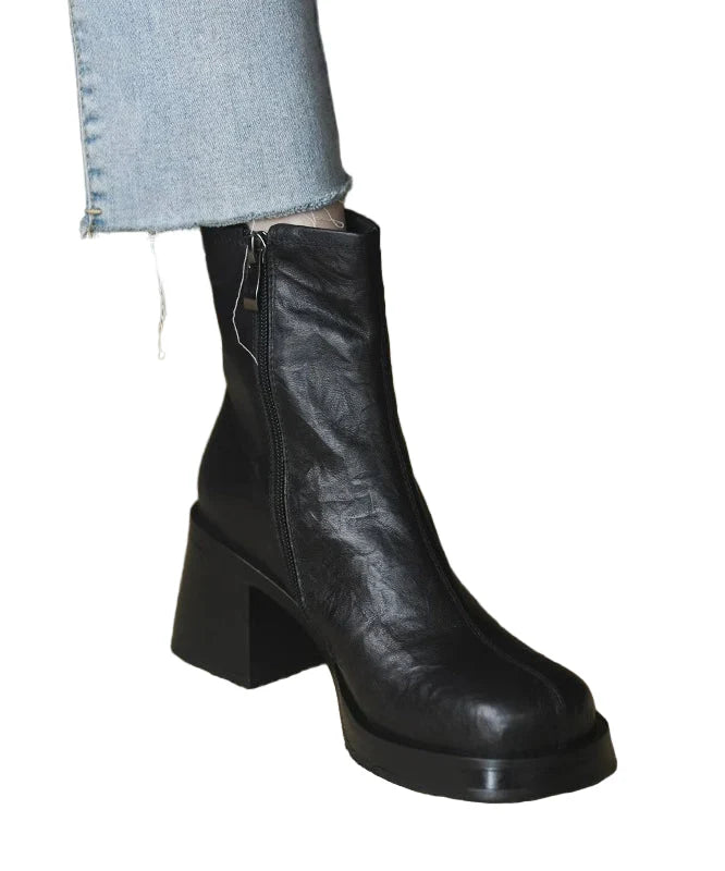 Ankle Boots Chunky Block Heel Side Zip Flexible Rubber Sole