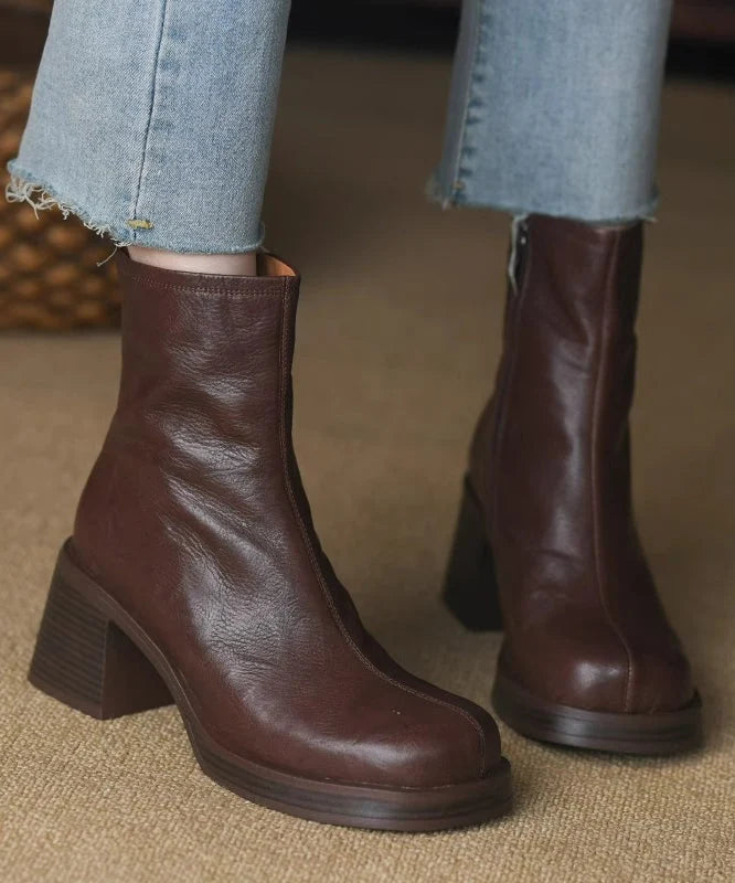 Ankle Boots Chunky Block Heel Side Zip Flexible Rubber Sole