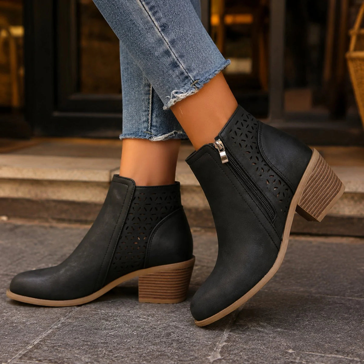 Ankle Boots Laser-Cut Floral Side Zip Block Heel