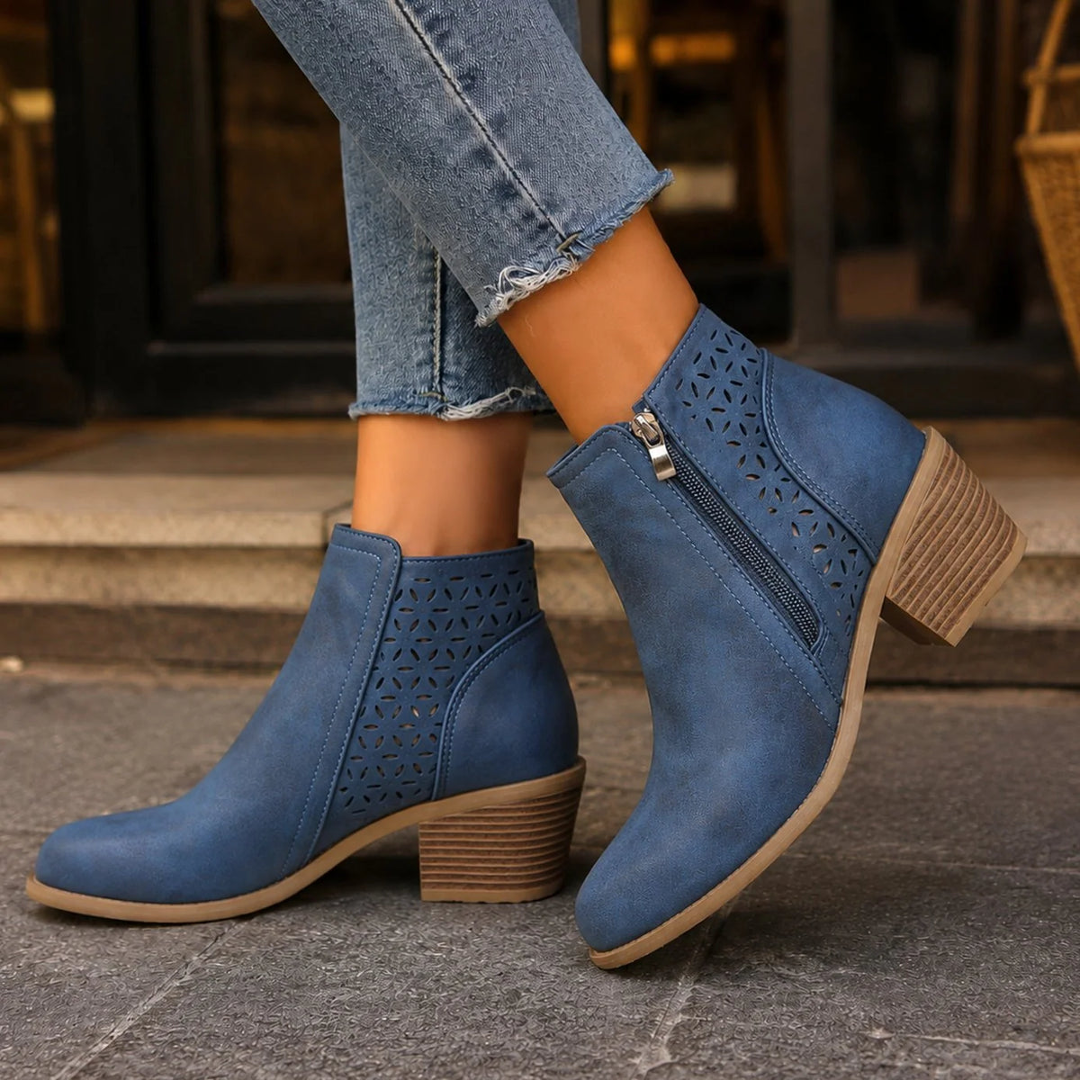 Ankle Boots Laser-Cut Floral Side Zip Block Heel