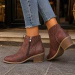 Ankle Boots Laser-Cut Floral Side Zip Block Heel