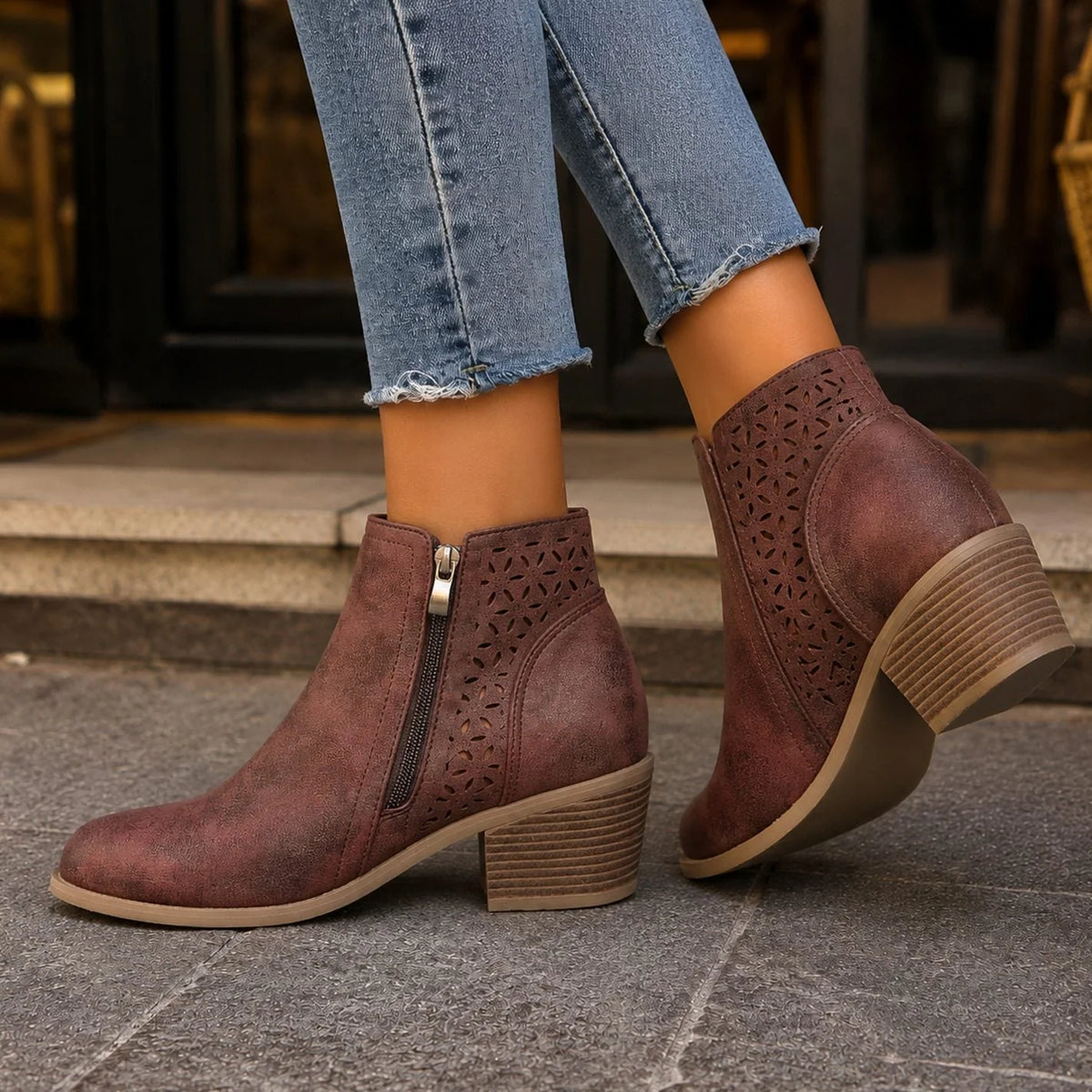 Ankle Boots Laser-Cut Floral Side Zip Block Heel