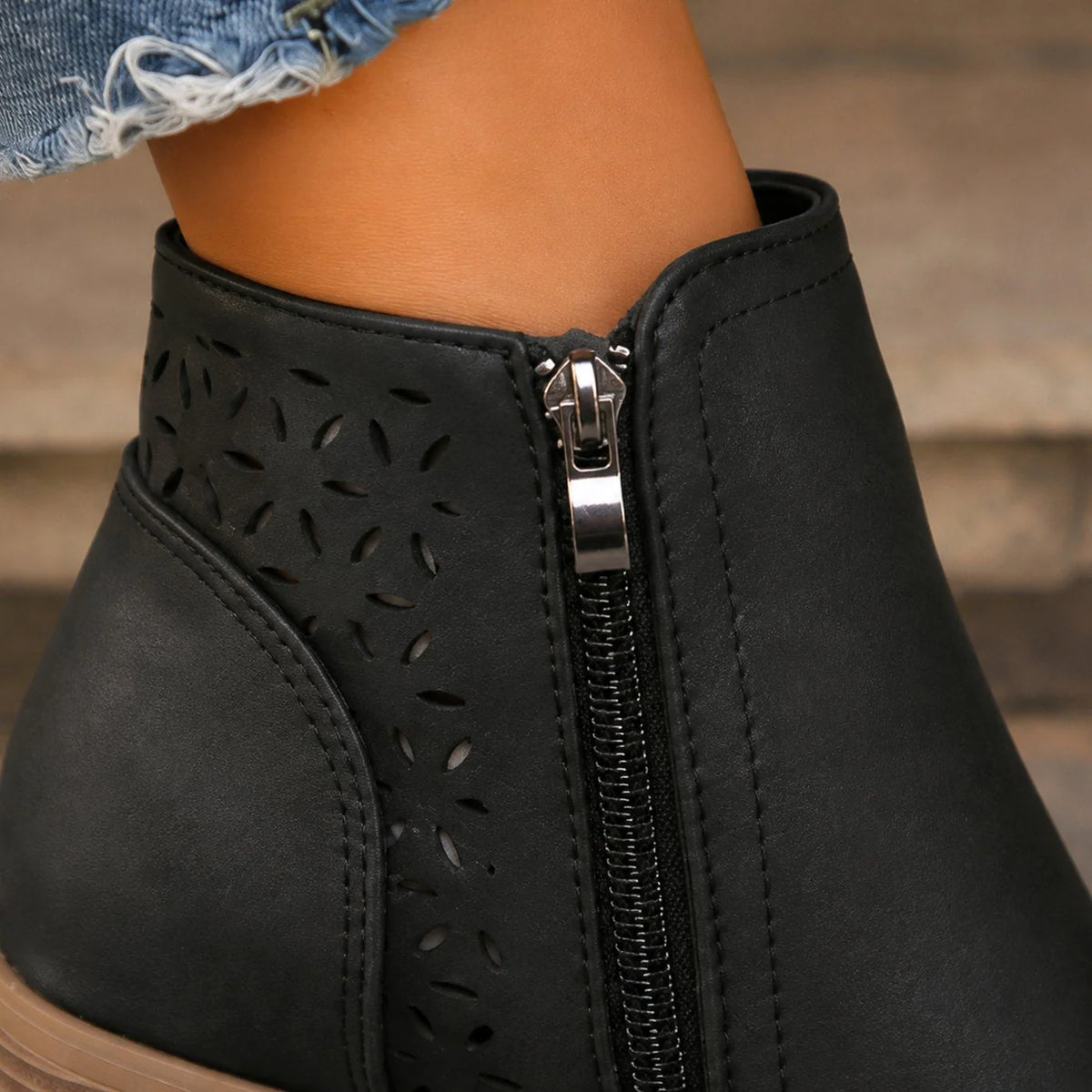 Ankle Boots Laser-Cut Floral Side Zip Block Heel