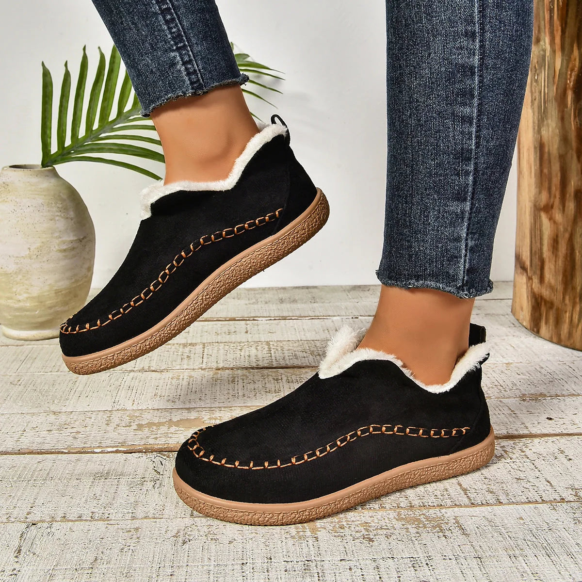 Ankle Boots Plush Lined Slip-On Textured Grip Sole