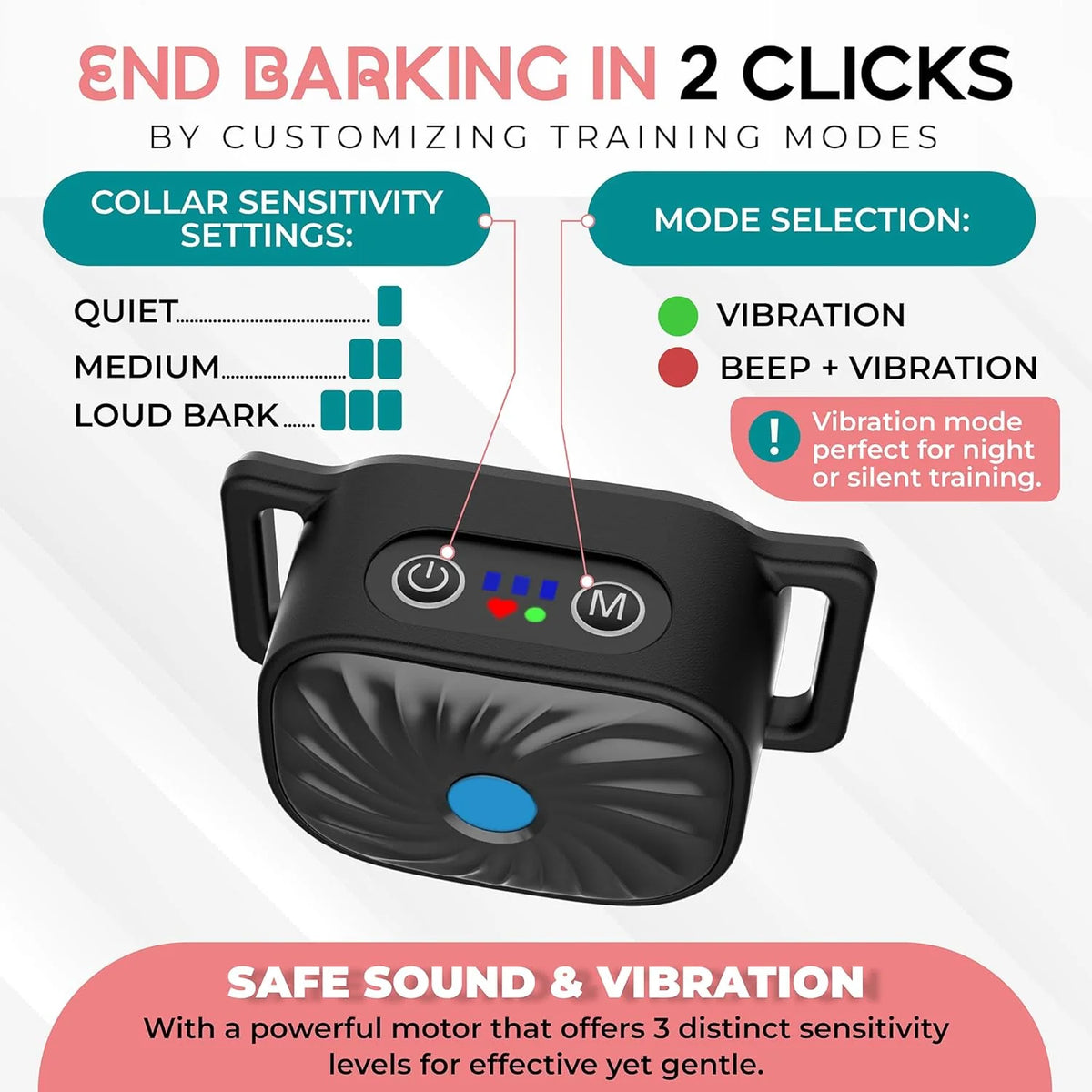 Anti-Bark Collar Sound & Vibration 4 Levels Rechargeable