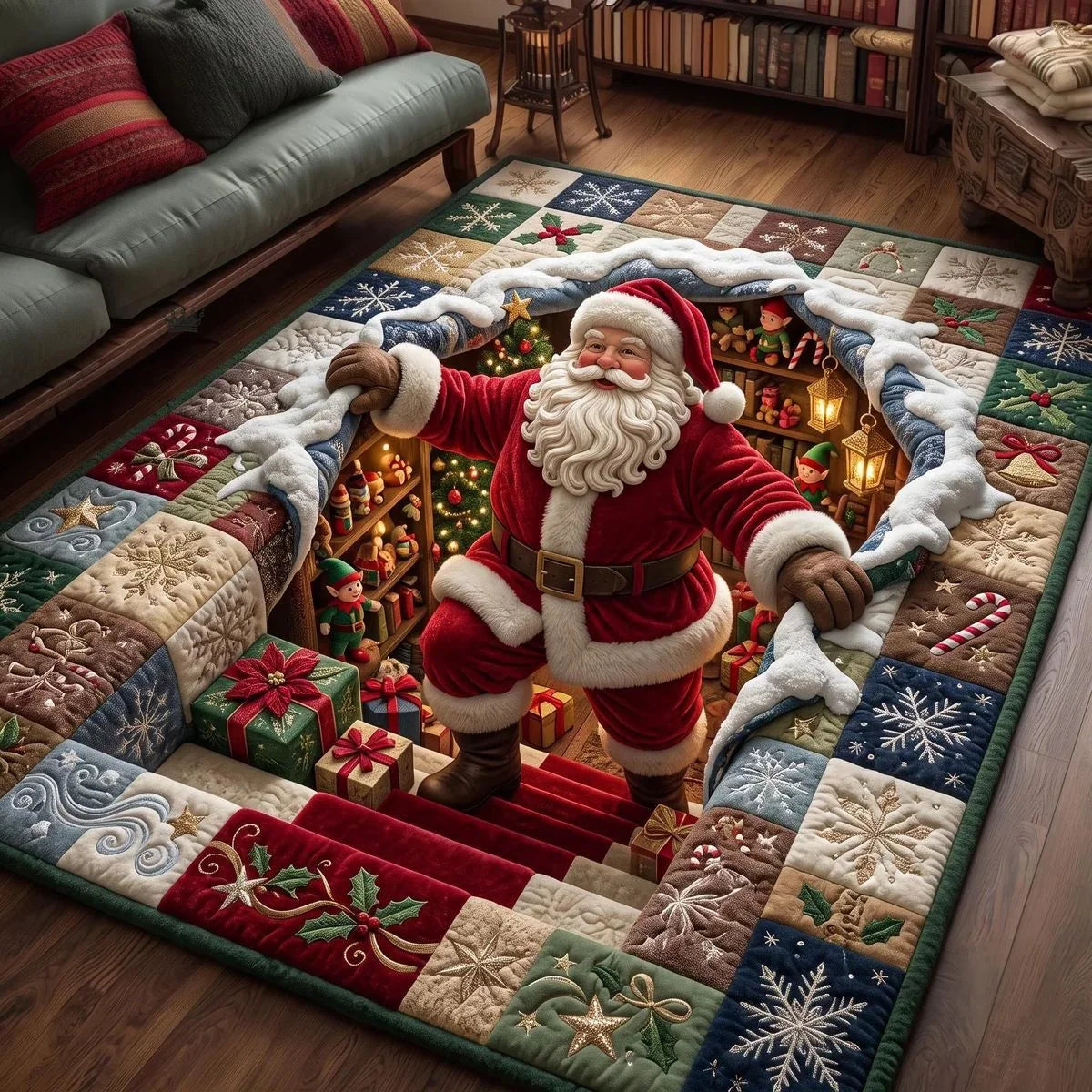 Area Rug Quilted Fabric Festive Gnome Design Machine Washable