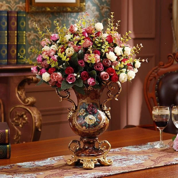 Artificial Flower Arrangement Silk Roses Gold Vase Fully Assembled