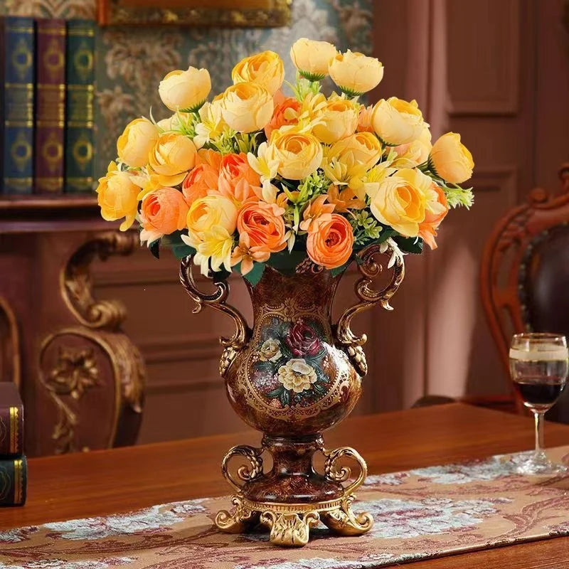 Artificial Flower Arrangement Silk Roses Gold Vase Fully Assembled