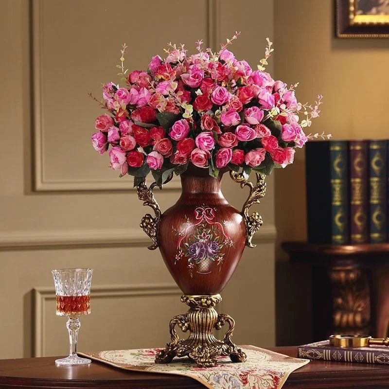 Artificial Flower Arrangement Silk Roses Gold Vase Fully Assembled