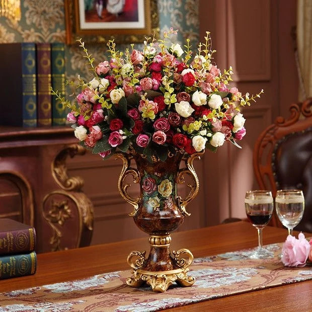 Artificial Flower Arrangement Silk Roses Gold Vase Fully Assembled