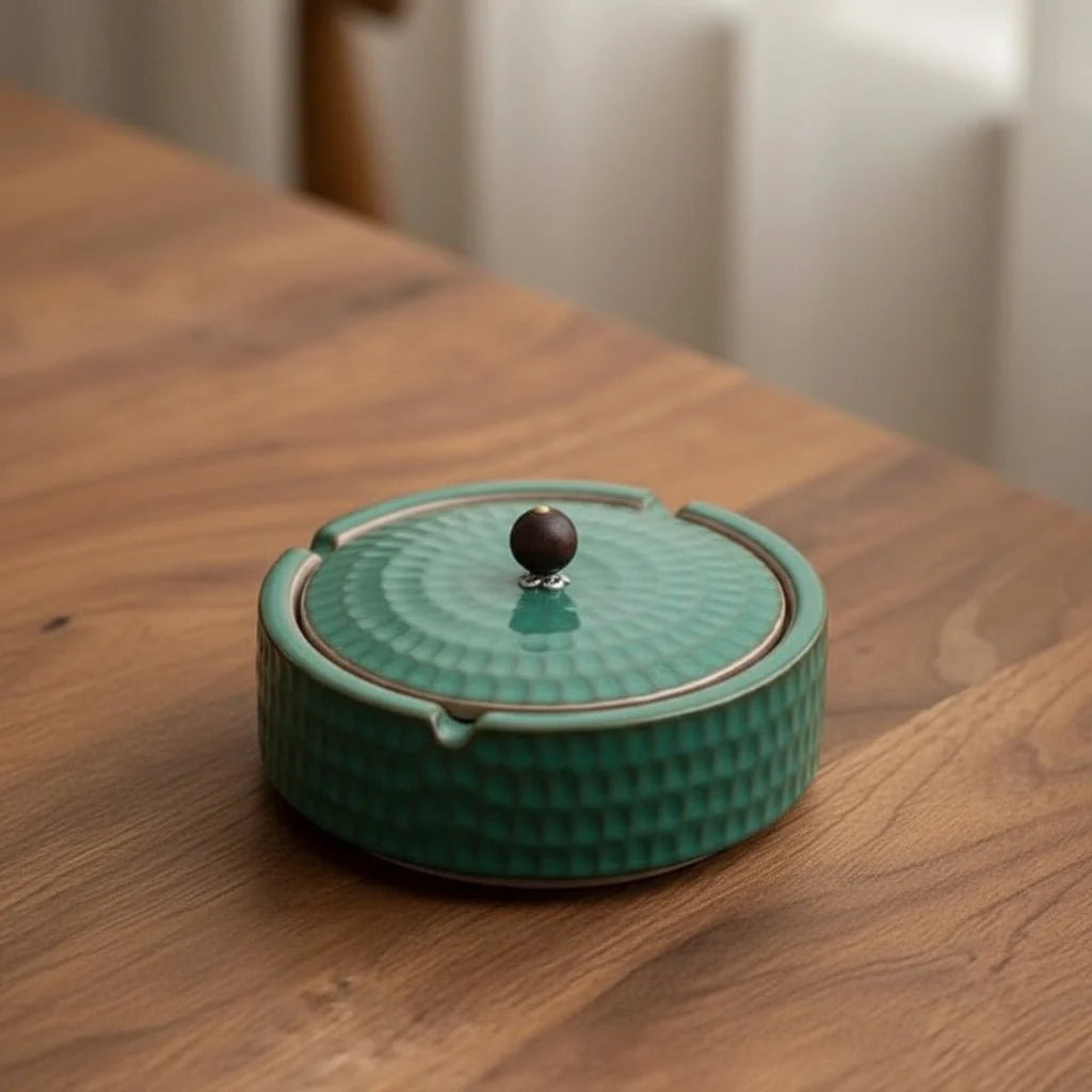 Ashtray Ceramic With Wooden Lid Deep Bowl