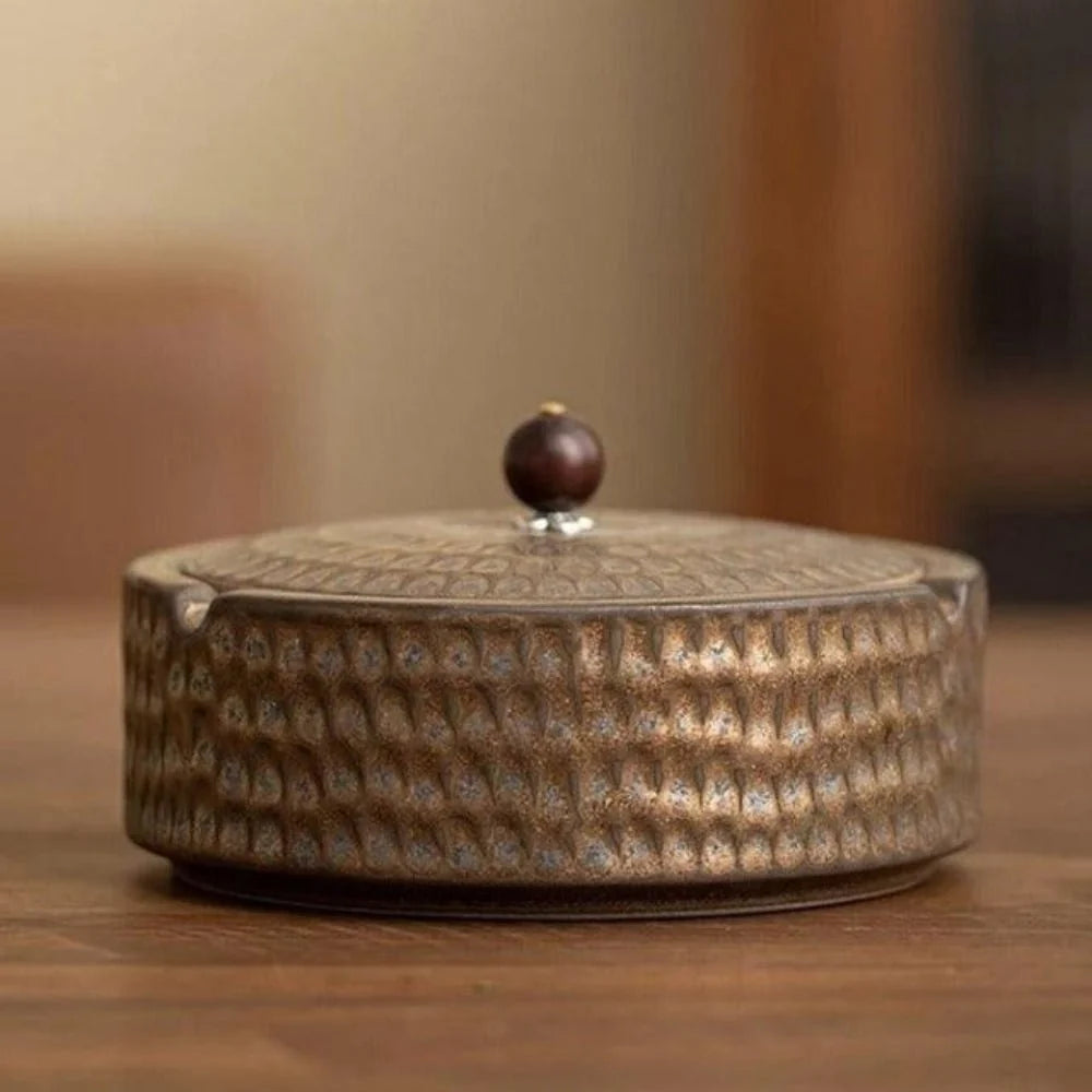 Ashtray Ceramic With Wooden Lid Deep Bowl