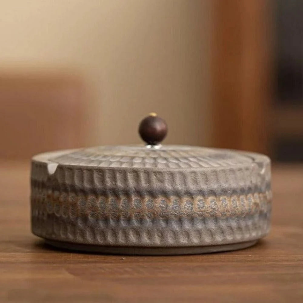 Ashtray Ceramic With Wooden Lid Deep Bowl
