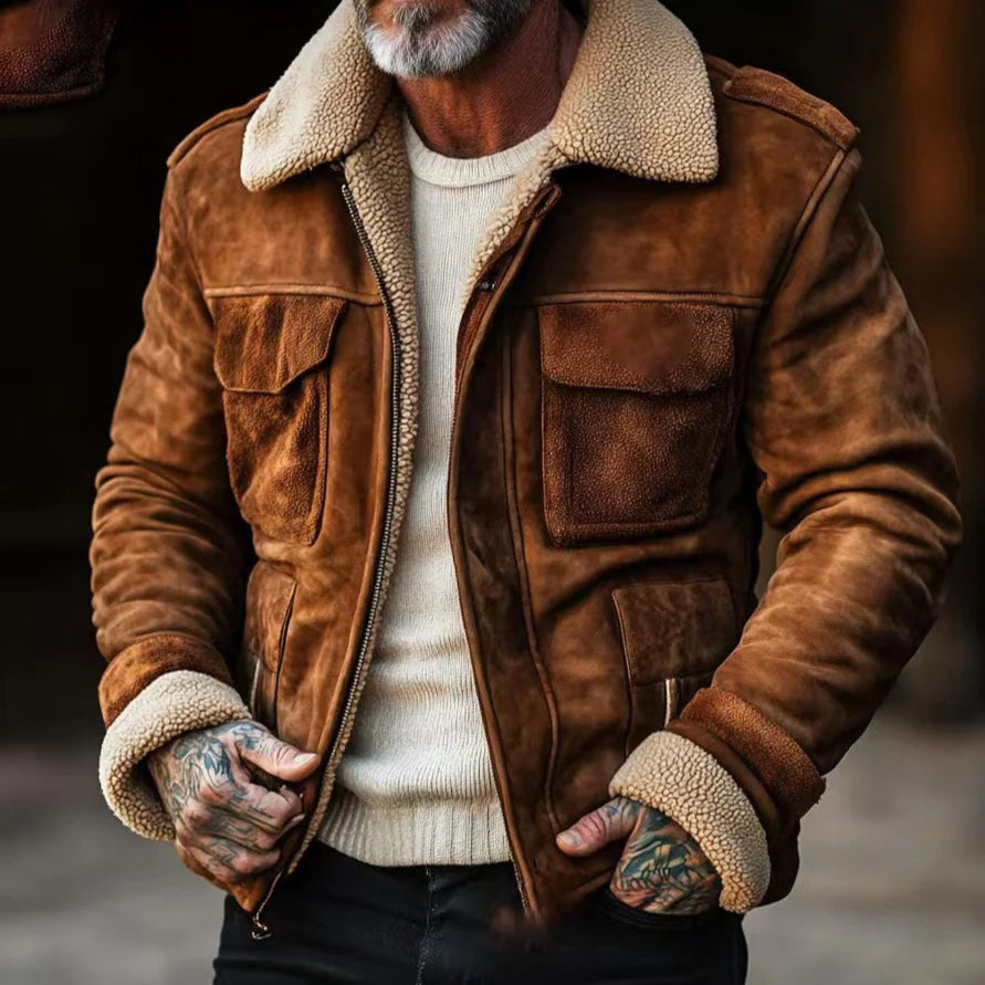 Aviator Jacket Suede-Look Teddy Lined Windproof Placket