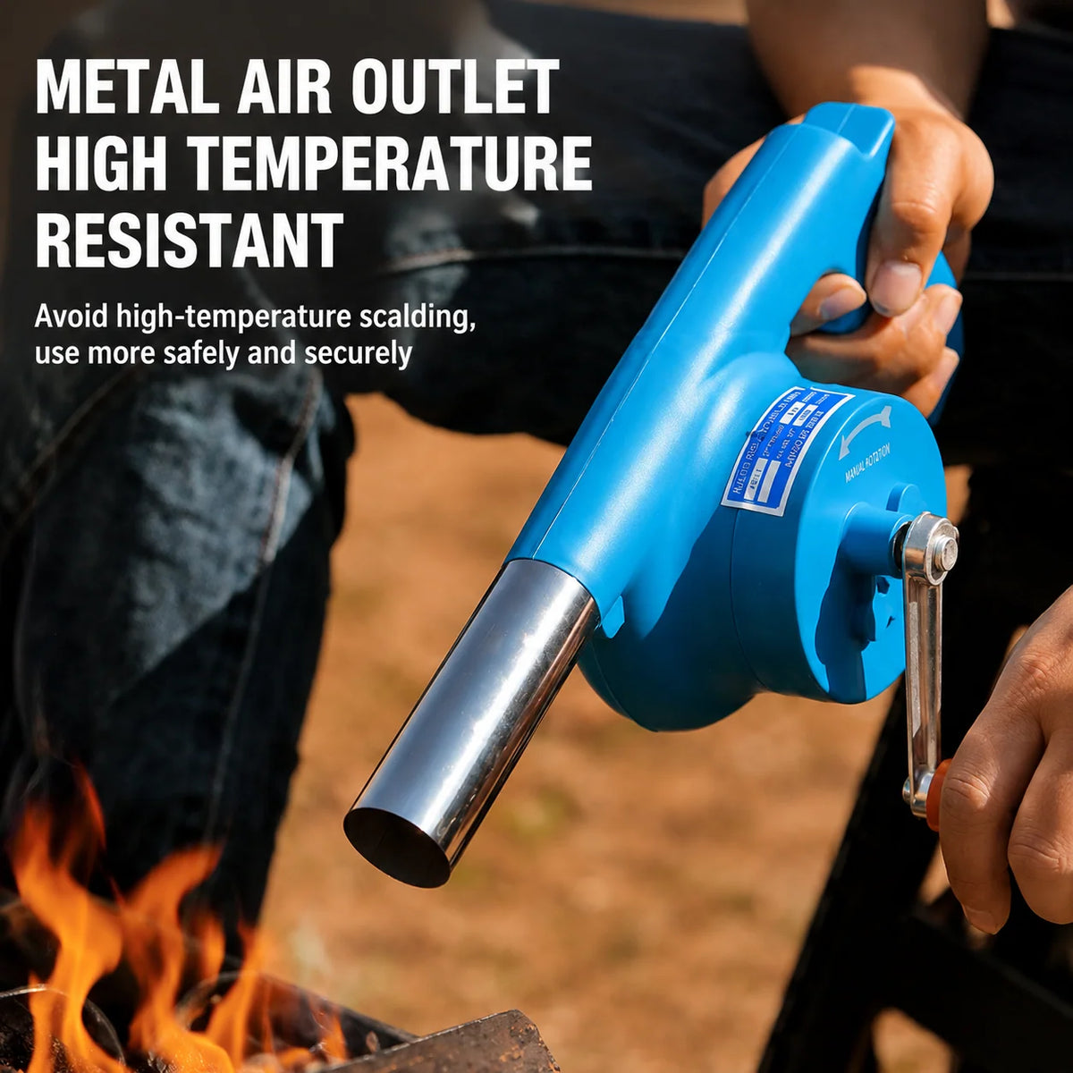 BBQ Fire Starter Blower Manual Crank Heat-Resistant Metal Nozzle