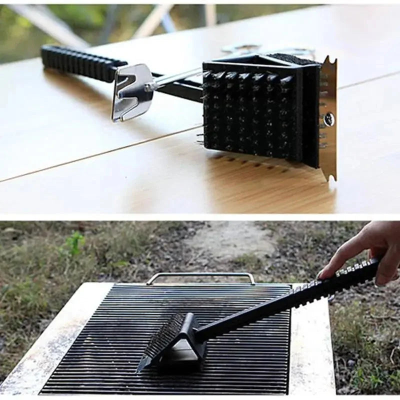 BBQ Grill Brush 3-in-1 Steel Bristles Scraper & Sponge
