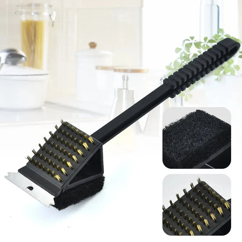 BBQ Grill Brush 3-in-1 Steel Bristles Scraper & Sponge