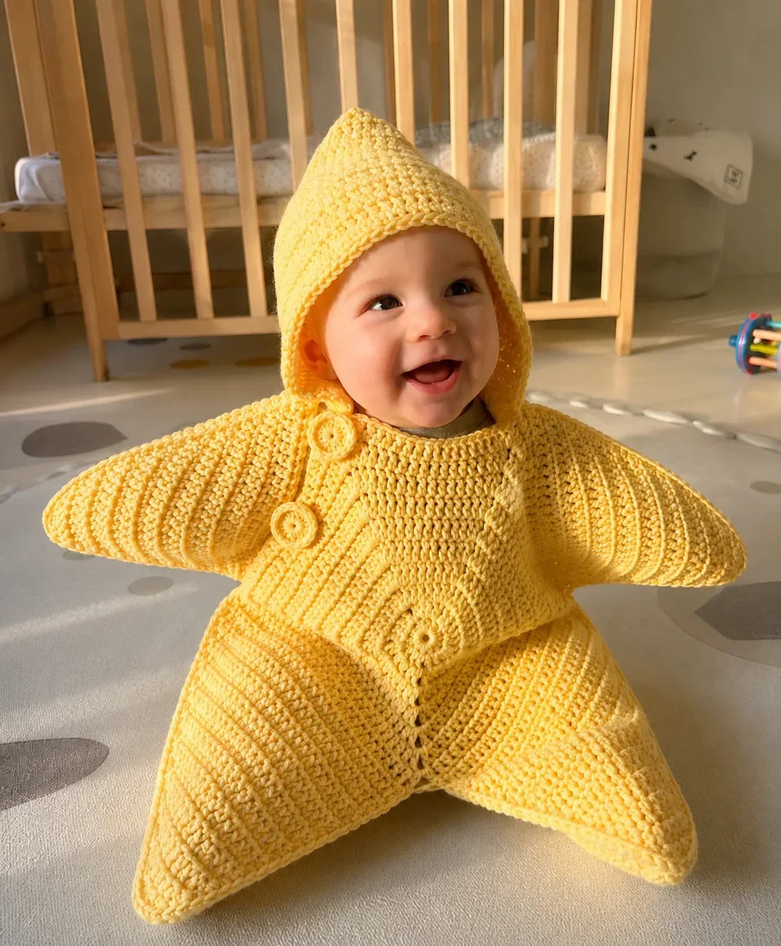 Baby Blanket Hooded Star-Shaped Crocheted Cotton Button Closure