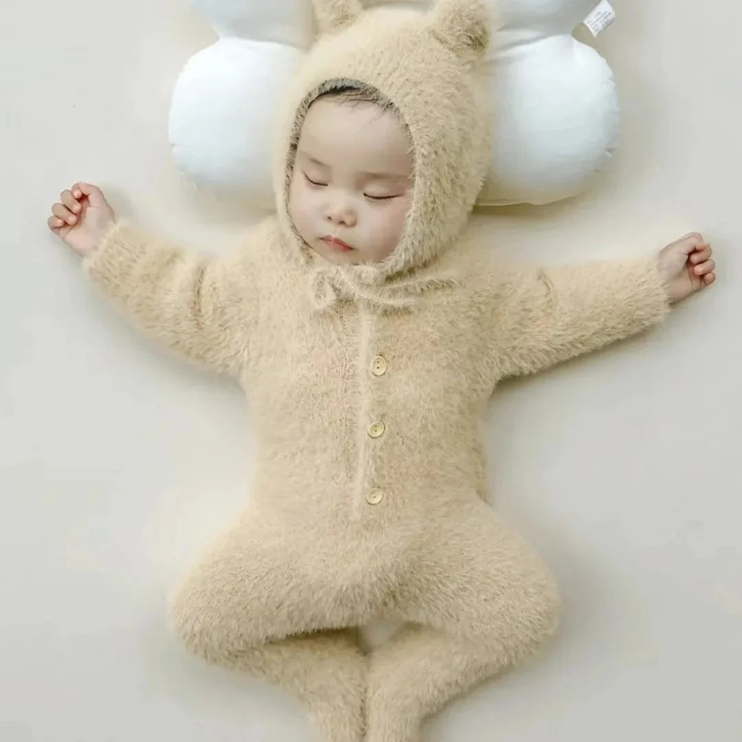 Baby Jumpsuit Plush Bear Print Winter Warmth