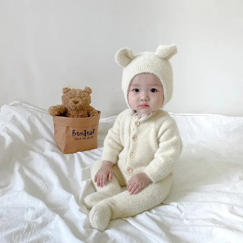 Baby Jumpsuit Plush Bear Print Winter Warmth