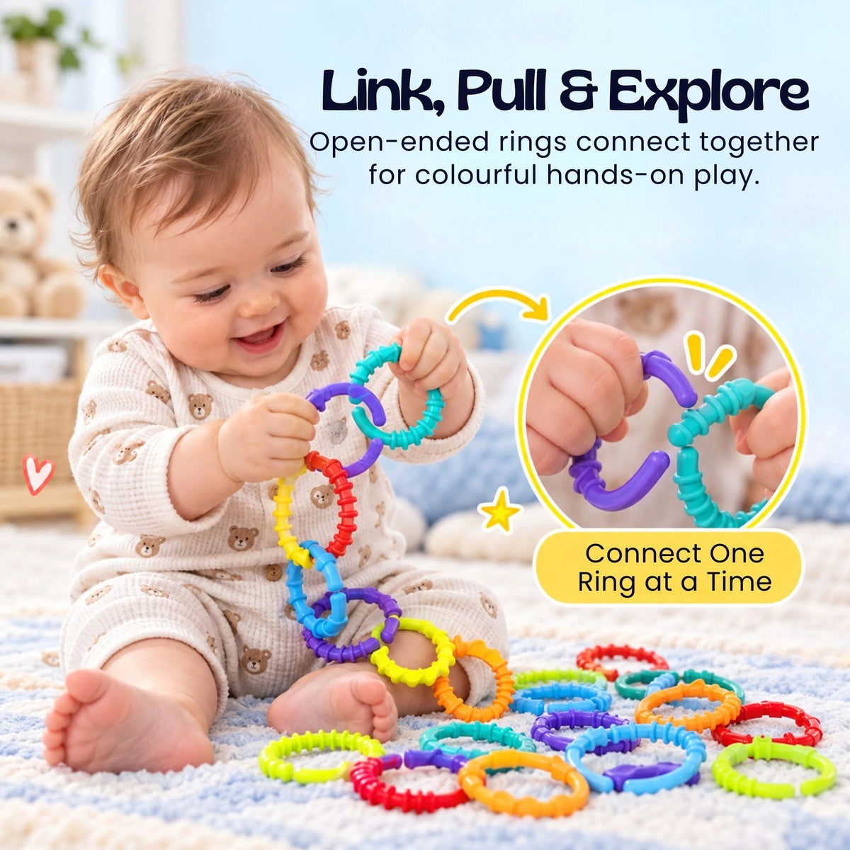 Baby Linking Rings Textured Multicolored Set of 24