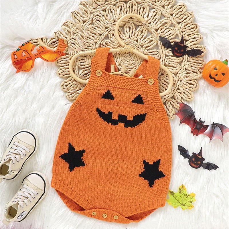 Baby Romper Knitted Pumpkin Print Adjustable Straps