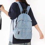 Backpack Denim Star Embroidery Multiple Pockets Padded Straps