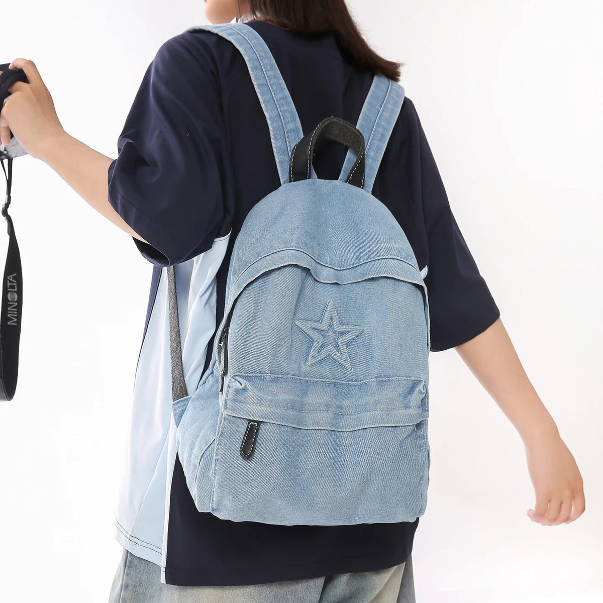 Backpack Denim Star Embroidery Multiple Pockets Padded Straps