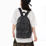 Backpack Denim Star Embroidery Multiple Pockets Padded Straps