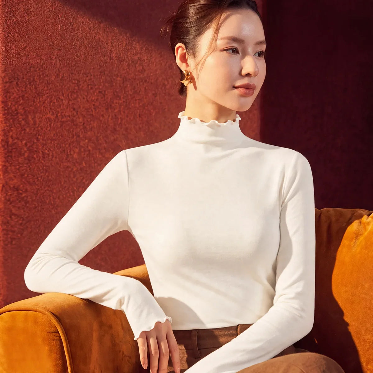 Base Layer Shirt Thermal Stand-Up Ruffle Collar