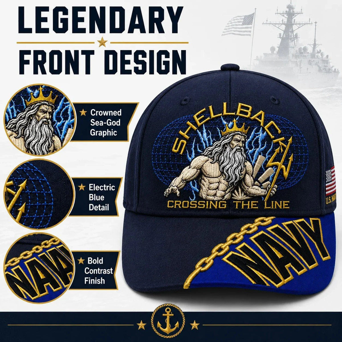 Baseball Cap Navy Blue Adjustable Fit Gold Chain Brim Detail