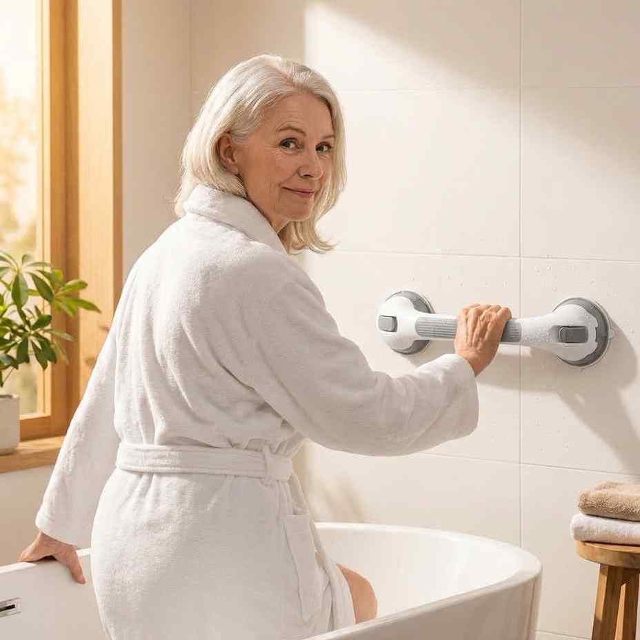 Bathroom Grab Bar Locking Suction Mount No-Drill 15.7-Inch