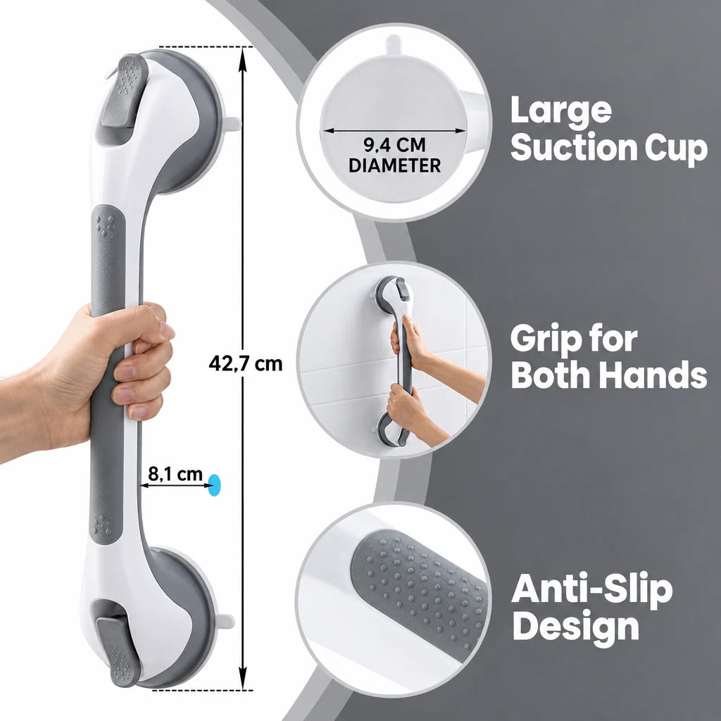 Bathroom Grab Bar Locking Suction Mount No-Drill 15.7-Inch