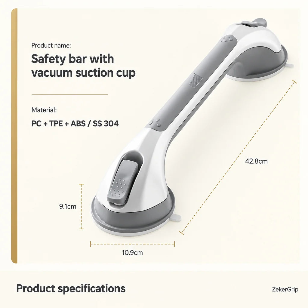 Bathroom Grab Bar Locking Suction Mount No-Drill 15.7-Inch