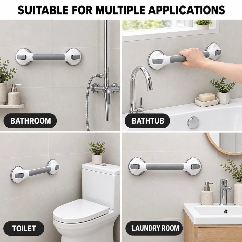 Bathroom Grab Bar Locking Suction Mount No-Drill 15.7-Inch